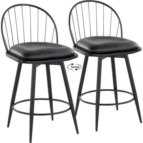 Riley 26" Swivel Counter Stool in Black Metal, Black Wood & Black Leatherette (Set of 2)